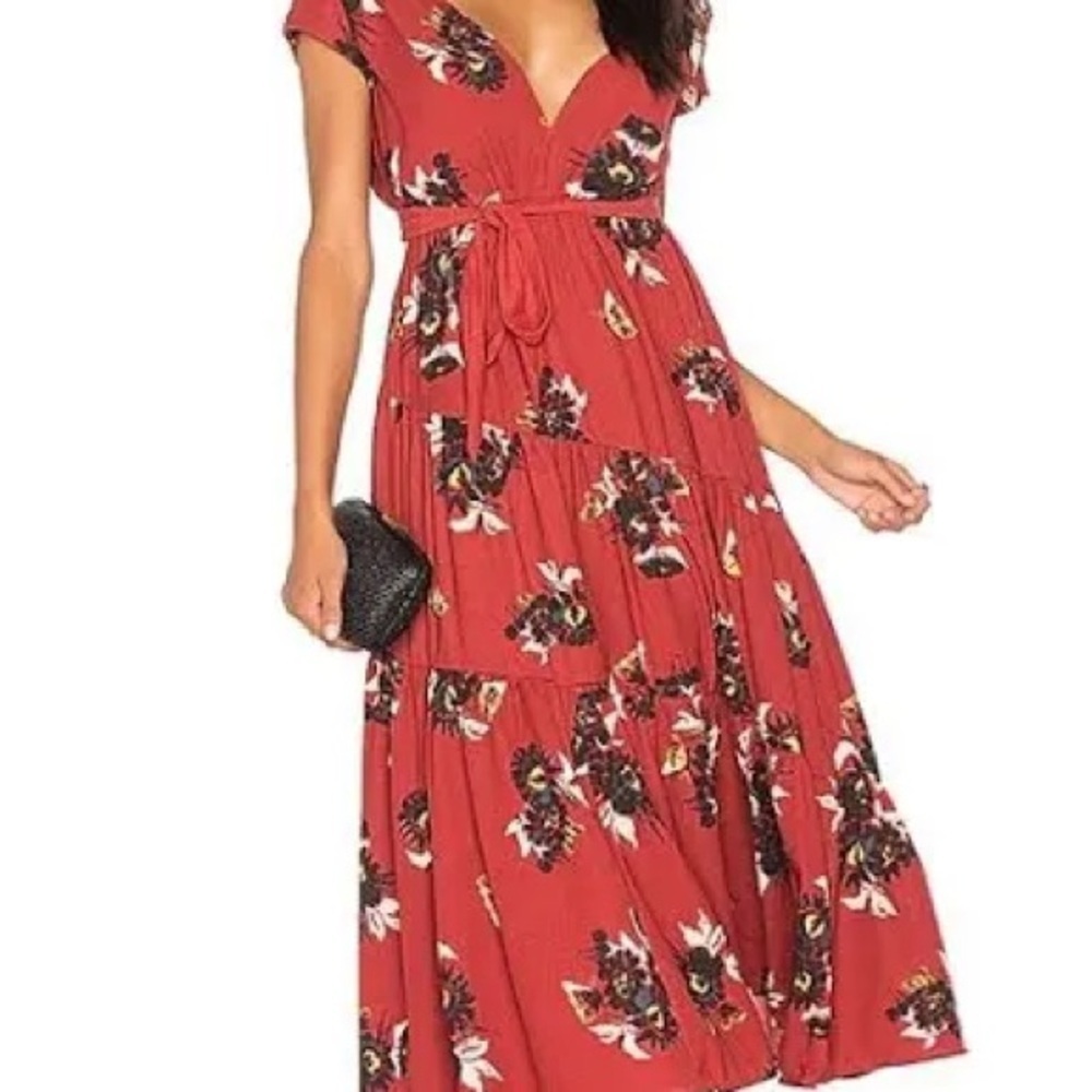 Free People All I Got Floral Maxi Dress Size 8 Red Boho Wrap Style Flowy Festiva - Picture 2 of 9